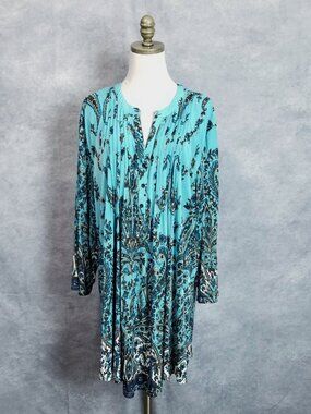 La Cera Bohemian Print Tunic Top Plus Size 3X Pleated Front Boho Art to Wear